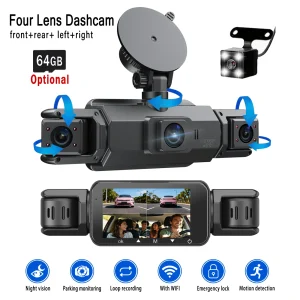 4-channel 360° panoramic dash cam with 3.0-inch HD display, wide angle, super night vision, WiFi connection, loop recording and