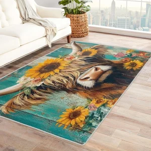 Farmhouse Highland Cow Area Rug 5×7 – Sunflower & Western Cattle Design Rug for Living Room & Bedroom