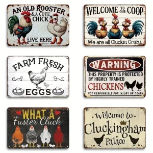 6pcs Vintage Chicken Coop Metal Tin Signs - Farmhouse Wall Decor with "Welcome to Our Coop" & "Farm Fresh Eggs" Desi