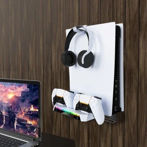 PS5 Floating Wall Shelf Mount with RGB Light & Charging Station – Wall Bracket with Headset Holder for PS5 & PS5 Slim (Disc & Digital)